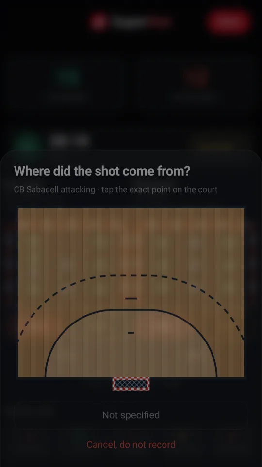 Half court drawn to scale to mark where the shot came from.