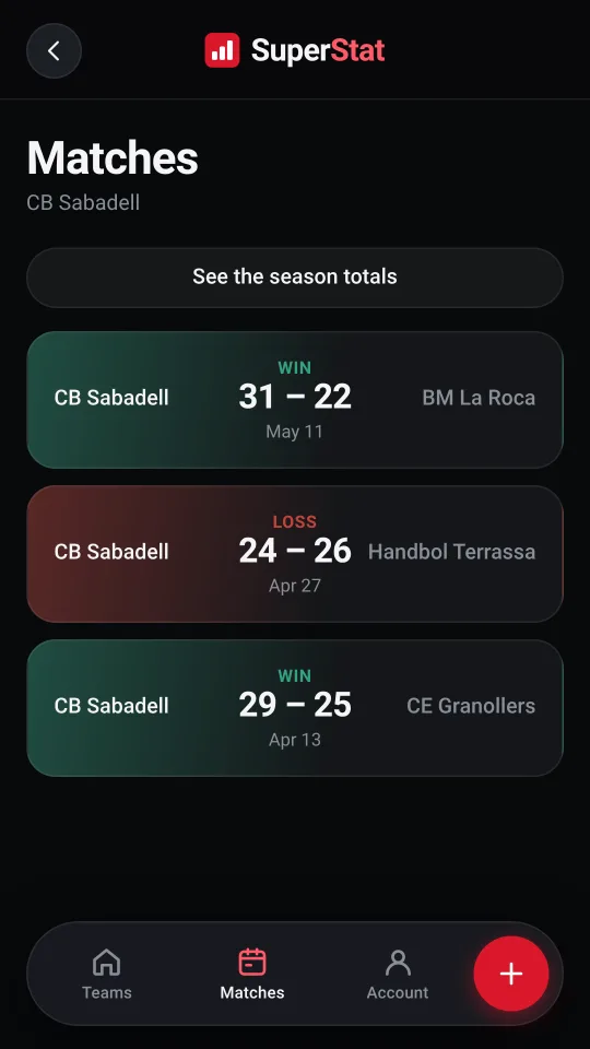 List of past matches with their results.