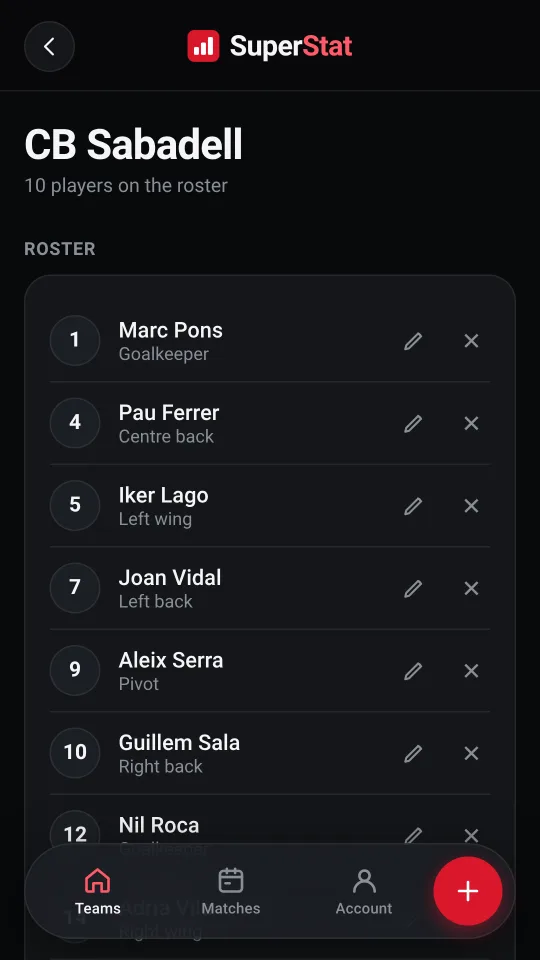 Team squad with numbers and positions.